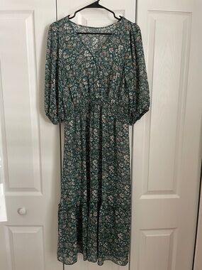 Floral V-Neck Maxi Dress in Teal Green